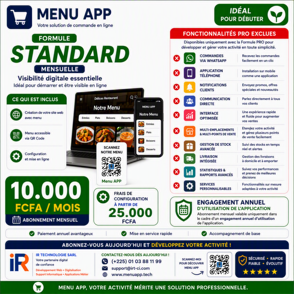Menu APP - Formule Standard Mensuelle